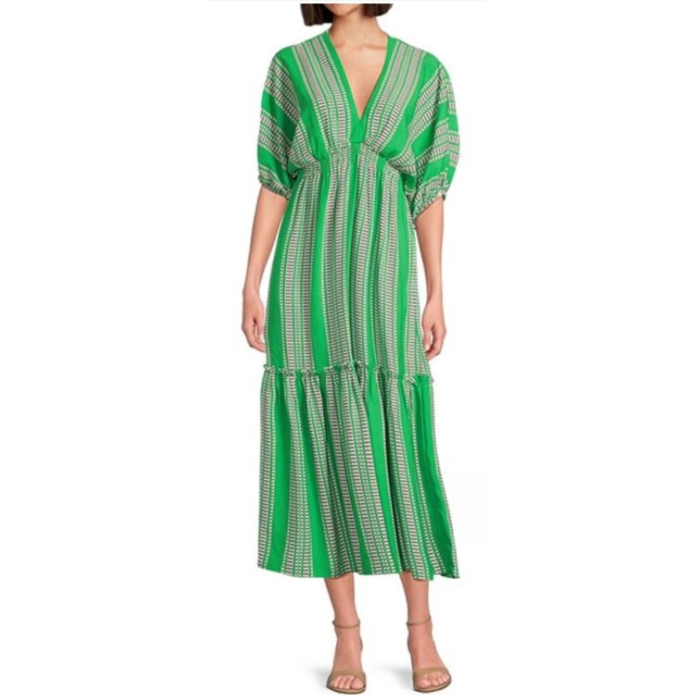 Taylor Striped VNeckline Elbow Length Sleeve Tiered Botton Maxi Dress Green Sz 8